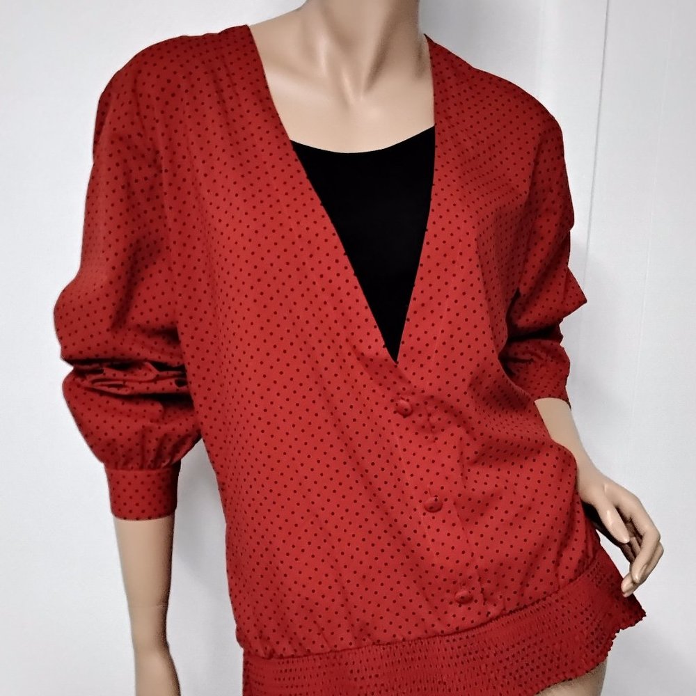 Laura & Jayne Women Blouse Career Size L Polka Dots Red Black Relax Fit 008